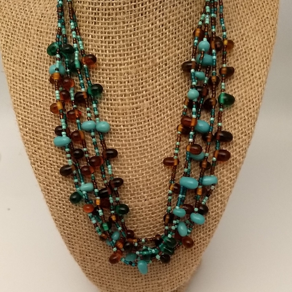 Artisan Multi Tiered VTG Colorful Teal & Amber Glass Bead Necklace & Earring Set - Picture 10 of 10